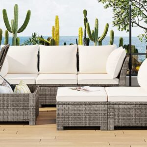 OPTOUGH Patio 6-Piece Outdoor Set, PE Wicker Rattan Sofa with 2 Corner, 2 Single Chairs, 1 Ottoman and 1 Storage Table, All-Weather Conversational Furniture, Beige