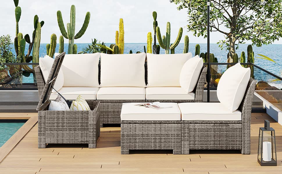 OPTOUGH Patio 6-Piece Outdoor Set, PE Wicker Rattan Sofa with 2 Corner, 2 Single Chairs, 1 Ottoman and 1 Storage Table, All-Weather Conversational Furniture, Beige