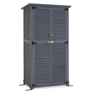 mcombo outdoor wooden storage cabinet, garden tool shed with latch, outside tools wood cabinet with double doors for patio 0808 (grey, medium)