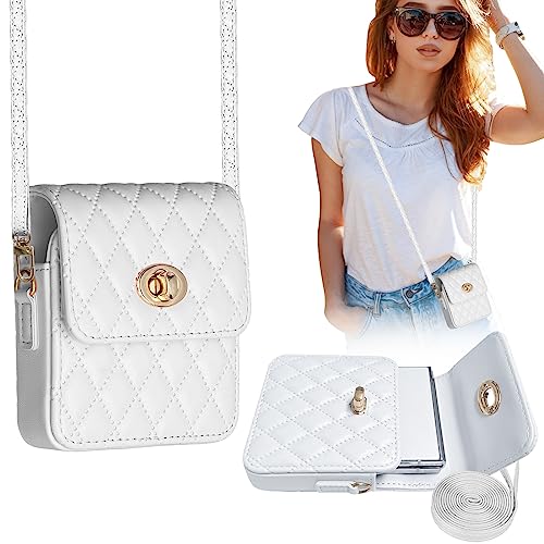 Universal Z Flip Pouch for Galaxy Z Flip5/4/3, with Crossbody Strap Lanyard PU Leather Phone Purses, Women Flip Phone Wallet Case for Galaxy Z Flip Series, Moto 40Ultra and More Flip Phone - White