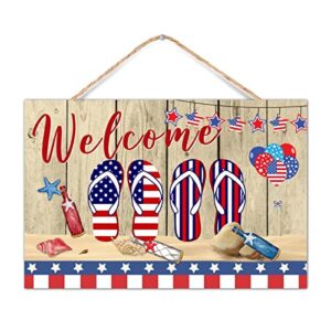 custoncares independence day flip flops welcome wooden sign table decor modern red white blue balloons star signs decorative wood sign plaque for shelf room porch 12x8in