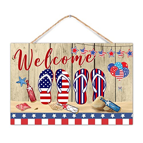 CustonCares Independence Day Flip Flops Welcome Wooden Sign Table Decor Modern Red White Blue Balloons Star Signs Decorative Wood Sign Plaque for Shelf Room Porch 12x8in