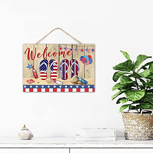 CustonCares Independence Day Flip Flops Welcome Wooden Sign Table Decor Modern Red White Blue Balloons Star Signs Decorative Wood Sign Plaque for Shelf Room Porch 12x8in