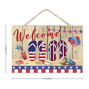 CustonCares Independence Day Flip Flops Welcome Wooden Sign Table Decor Modern Red White Blue Balloons Star Signs Decorative Wood Sign Plaque for Shelf Room Porch 12x8in