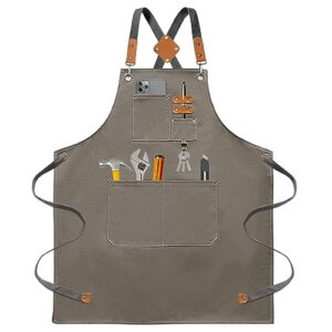 bluegogo chef aprons for men women, cotton canvas cross back adjustable apron with large pockets for kitchen garden salon (grey)