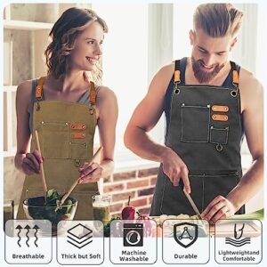 Bluegogo Chef Aprons for Men Women, Cotton Canvas Cross Back Adjustable Apron with Large Pockets for Kitchen Garden Salon (Black)