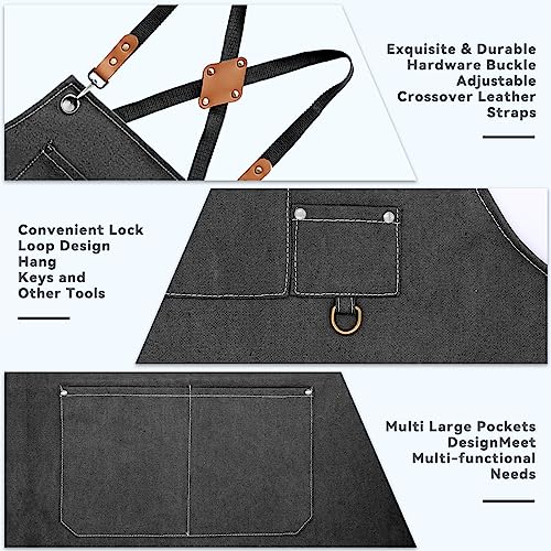 Bluegogo Chef Aprons for Men Women, Cotton Canvas Cross Back Adjustable Apron with Large Pockets for Kitchen Garden Salon (Black)