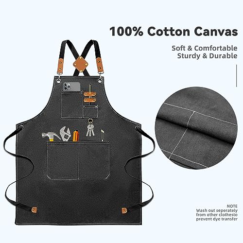 Bluegogo Chef Aprons for Men Women, Cotton Canvas Cross Back Adjustable Apron with Large Pockets for Kitchen Garden Salon (Black)