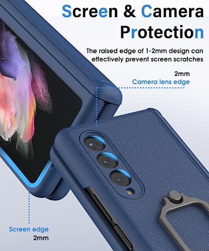 ATATOO for Samsung Galaxy Z Fold 3 Case, Z Fold3 Case Built-in Screen Protector & Hinge Protection & Kickstand, Durable Anti-Scratch Full Body Protection Leather Phone Case for Galaxy Z Fold 3,Blue