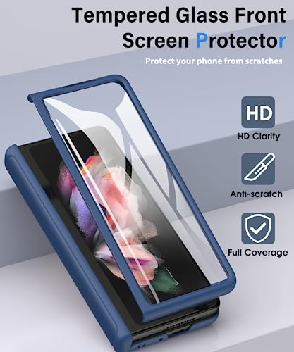 ATATOO for Samsung Galaxy Z Fold 3 Case, Z Fold3 Case Built-in Screen Protector & Hinge Protection & Kickstand, Durable Anti-Scratch Full Body Protection Leather Phone Case for Galaxy Z Fold 3,Blue