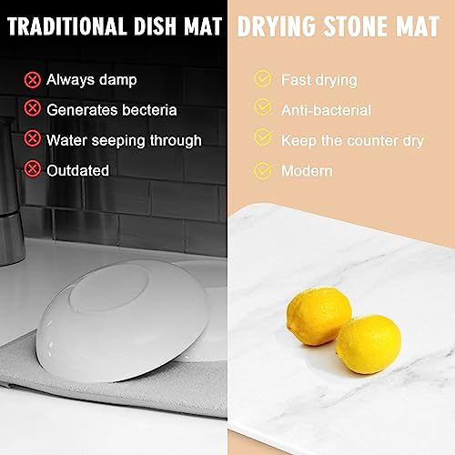 Stone Dish Drying Mats for Kitchen Counter, Ultra Absorbent, Fast Dry, Non-Slip, Heat Resistant, Eco-Friendly Diatomaceous Earth Mat for Baby Bottles, Dishes, and More(16x12 inch, Whtie Marble)