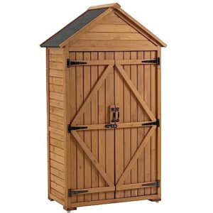 detallego outdoor wooden storage cabinet, storage shed with 3 detachable shelves, lockable wooden garden shed with waterproof roof, outside vertical tall tool shed for yard patio lawn deck (natural)