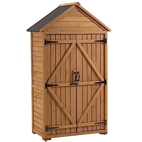 DetalleGo Outdoor Wooden Storage Cabinet, Storage Shed with 3 Detachable Shelves, Lockable Wooden Garden Shed with Waterproof Roof, Outside Vertical Tall Tool Shed for Yard Patio Lawn Deck (Natural)