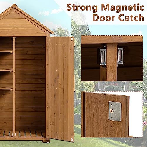 DetalleGo Outdoor Wooden Storage Cabinet, Storage Shed with 3 Detachable Shelves, Lockable Wooden Garden Shed with Waterproof Roof, Outside Vertical Tall Tool Shed for Yard Patio Lawn Deck (Natural)