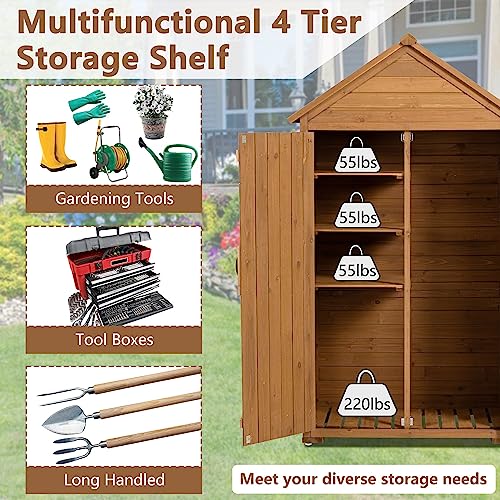 DetalleGo Outdoor Wooden Storage Cabinet, Storage Shed with 3 Detachable Shelves, Lockable Wooden Garden Shed with Waterproof Roof, Outside Vertical Tall Tool Shed for Yard Patio Lawn Deck (Natural)