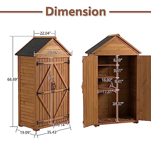 DetalleGo Outdoor Wooden Storage Cabinet, Storage Shed with 3 Detachable Shelves, Lockable Wooden Garden Shed with Waterproof Roof, Outside Vertical Tall Tool Shed for Yard Patio Lawn Deck (Natural)