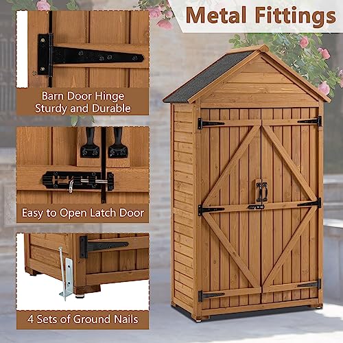 DetalleGo Outdoor Wooden Storage Cabinet, Storage Shed with 3 Detachable Shelves, Lockable Wooden Garden Shed with Waterproof Roof, Outside Vertical Tall Tool Shed for Yard Patio Lawn Deck (Natural)