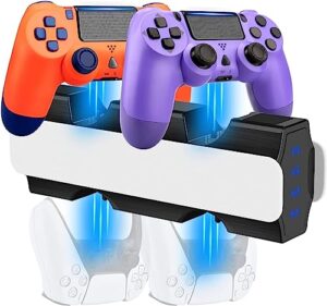 yu33 2 pack controllers for ps4 controller with charging station, remote work with playstation 4 controller with fast charging dock for ps4/ps5, game control for ps4 orange&purple&charger
