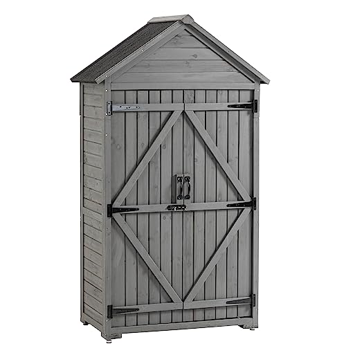 WEASHUME Wooden Outdoor Storage Cabinet with Waterproof Roof, Garden Wood Tool Shed with 3 Removable Shelves, Outside Storage Shed Patio Backyard Lawn,Grey