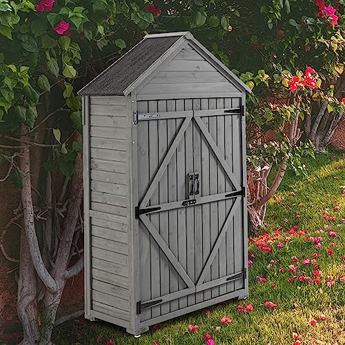 WEASHUME Wooden Outdoor Storage Cabinet with Waterproof Roof, Garden Wood Tool Shed with 3 Removable Shelves, Outside Storage Shed Patio Backyard Lawn,Grey