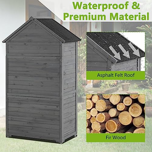 WEASHUME Wooden Outdoor Storage Cabinet with Waterproof Roof, Garden Wood Tool Shed with 3 Removable Shelves, Outside Storage Shed Patio Backyard Lawn,Grey