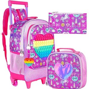 ccjpx 3pcs kids rolling backpack for girls, unicorn roller wheeled bookbag toddler elementary school bag with wheels purple