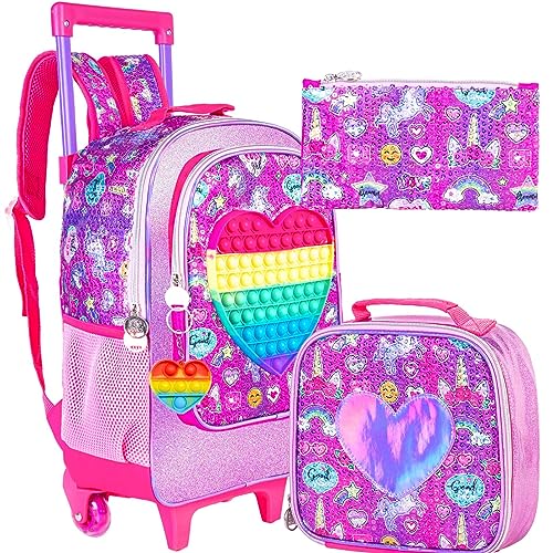 CCJPX 3PCS Kids Rolling Backpack for Girls, Unicorn Roller Wheeled Bookbag Toddler Elementary School Bag with Wheels Purple