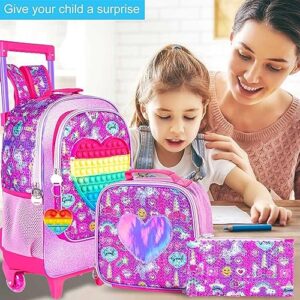 CCJPX 3PCS Kids Rolling Backpack for Girls, Unicorn Roller Wheeled Bookbag Toddler Elementary School Bag with Wheels Purple