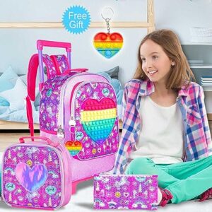 CCJPX 3PCS Kids Rolling Backpack for Girls, Unicorn Roller Wheeled Bookbag Toddler Elementary School Bag with Wheels Purple