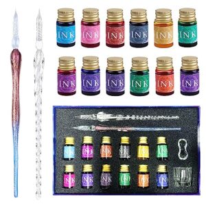 deluxe calligraphy set: crystal glass dip pen duo, 12 vibrant inks, pen stand and cleaning cup - aesthetic artistry, drawing, writing & signature kit - ideal gift for kids and artists