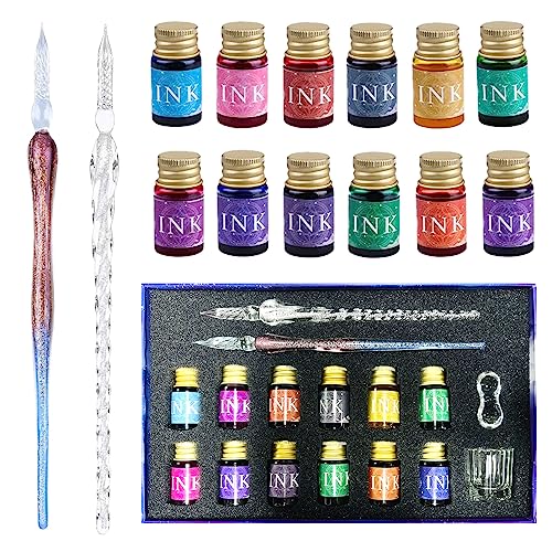 Deluxe Calligraphy Set: Crystal Glass Dip Pen Duo, 12 Vibrant Inks, Pen Stand and Cleaning Cup - Aesthetic Artistry, Drawing, Writing & Signature Kit - Ideal Gift for Kids and Artists