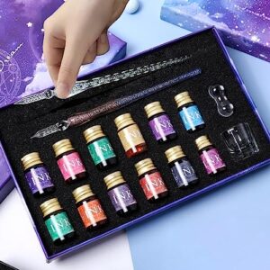 Deluxe Calligraphy Set: Crystal Glass Dip Pen Duo, 12 Vibrant Inks, Pen Stand and Cleaning Cup - Aesthetic Artistry, Drawing, Writing & Signature Kit - Ideal Gift for Kids and Artists