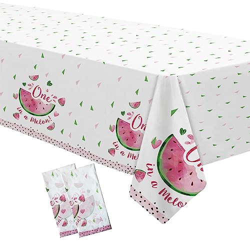 Xigejob One in A Melon Party Tablecloth Decorations - Disposable Watermelon First Birthday Party Supplies Table Cover, Watermelon 1st Birthday Decorations Table Cloth - 2 Pack (54in x 108in)