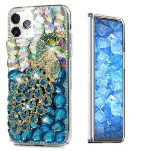 stenes sparkle case compatible with samsung galaxy z fold 2 5g case - stylish - 3d handmade bling peacock rhinestone crystal diamond design girls women cover - blue