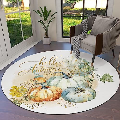 Pumpkin Gold Round Area Rug 3ft,Washable Outdoor Indoor Carpet Runner Rug for Bedroom,Kitchen,Living Room,Office,Area+Rug Small Bath Door Desk Floor Mat Thanksgiving Elegant Fall Eucalyptus Leaves