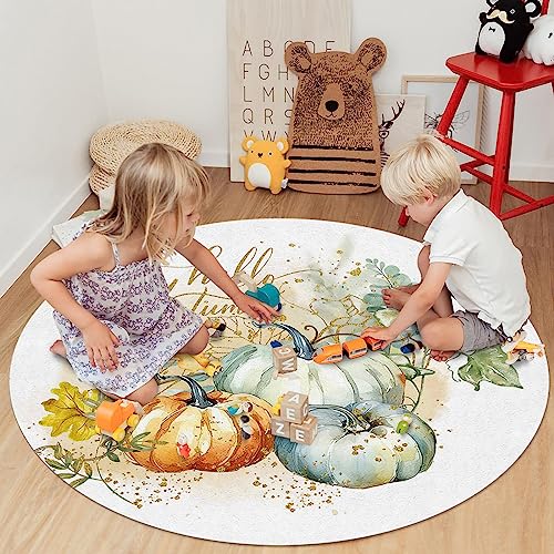 Pumpkin Gold Round Area Rug 3ft,Washable Outdoor Indoor Carpet Runner Rug for Bedroom,Kitchen,Living Room,Office,Area+Rug Small Bath Door Desk Floor Mat Thanksgiving Elegant Fall Eucalyptus Leaves