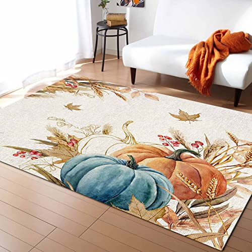 2' x 3' Teal Orange Pumpkin Area Rug,Outdoor Indoor Washable Carpet Area+Rug for Living Room,Kids/Boys/Girls Bedroom,Bathroom,Classroom,Kitchen,Hallway,Throw Floor Mat Fall Thanksgiving Autumn Leaves