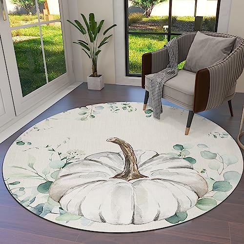 White Chic Pumpkin Round Area Rug 3ft,Washable Outdoor Indoor Carpet Runner Rug for Bedroom,Kitchen,Living Room,Office,Area+Rug Small Bath Door Desk Mat Thanksgiving Fall Greenery Eucalyptus Plant