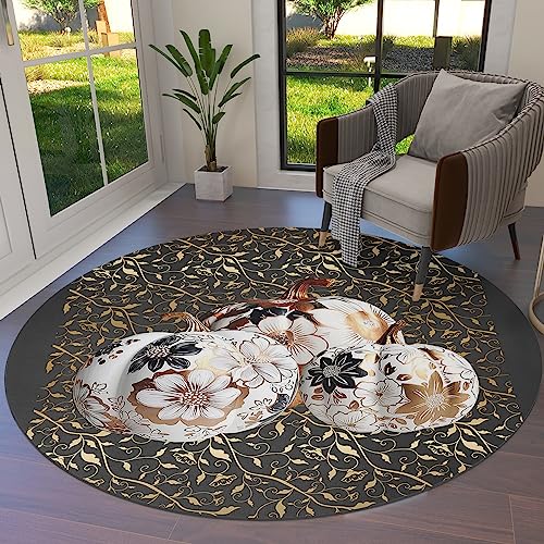 Thanksgiving Autumn Round Area Rug 3ft,Washable Outdoor Indoor Carpet Runner Rug for Bedroom,Kitchen,Living Room,Office,Area+Rug Small Bath Door Desk Mat Fall Pumpkins European Luxury Flower Leaves