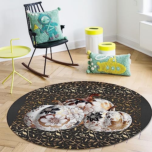 Thanksgiving Autumn Round Area Rug 3ft,Washable Outdoor Indoor Carpet Runner Rug for Bedroom,Kitchen,Living Room,Office,Area+Rug Small Bath Door Desk Mat Fall Pumpkins European Luxury Flower Leaves