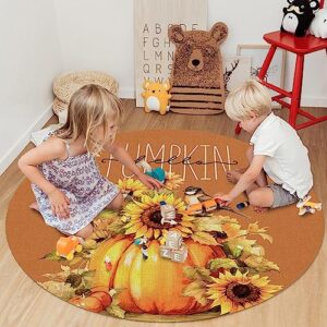 Pumpkin Sunflower Round Area Rug 3.3ft,Washable Outdoor Indoor Carpet Runner Rug for Bedroom,Kitchen,Living Room,Office,Area+Rug Small Bath Door Desk Floor Mat Fall Thanksgiving Harvest Autumn Orange