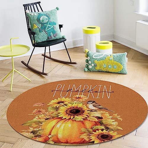 Pumpkin Sunflower Round Area Rug 3.3ft,Washable Outdoor Indoor Carpet Runner Rug for Bedroom,Kitchen,Living Room,Office,Area+Rug Small Bath Door Desk Floor Mat Fall Thanksgiving Harvest Autumn Orange