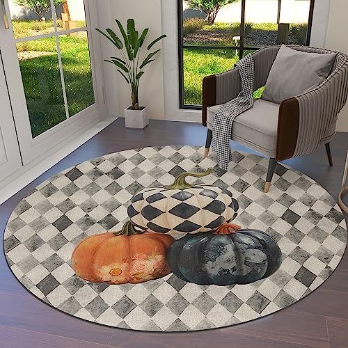 Pumpkins Floral Round Area Rug 3ft,Washable Outdoor Indoor Carpet Runner Rug for Bedroom,Kitchen,Living Room,Office,Area+Rug Small Bath Door Desk Mat Shabby Chic Fall Thanksgiving Plaid Black Orange