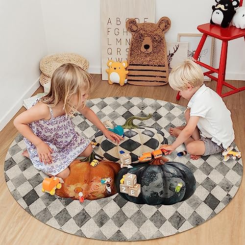 Pumpkins Floral Round Area Rug 3ft,Washable Outdoor Indoor Carpet Runner Rug for Bedroom,Kitchen,Living Room,Office,Area+Rug Small Bath Door Desk Mat Shabby Chic Fall Thanksgiving Plaid Black Orange