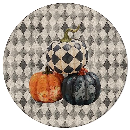 Pumpkins Floral Round Area Rug 3ft,Washable Outdoor Indoor Carpet Runner Rug for Bedroom,Kitchen,Living Room,Office,Area+Rug Small Bath Door Desk Mat Shabby Chic Fall Thanksgiving Plaid Black Orange