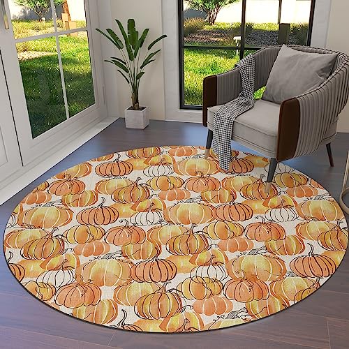 Abstract Pumpkins Round Area Rug 3ft,Washable Outdoor Indoor Carpet Runner Rug for Bedroom,Kitchen,Living Room,Office,Area+Rug Small Bath Door Desk Floor Mat Thanksgiving Fall Minimalist Geometry