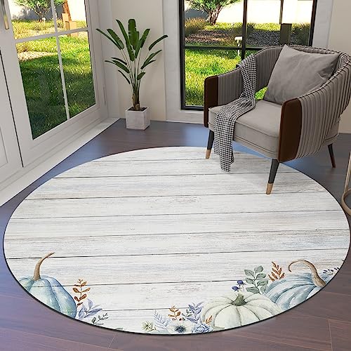 Blue White Pumpkin Round Area Rug 3.3ft,Washable Outdoor Indoor Carpet Runner Rug for Bedroom,Kitchen,Living Room,Office,Area+Rug Small Bath Door Desk Mat Fall Thanksgiving Eucalyptus Leaves Flower