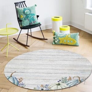 Blue White Pumpkin Round Area Rug 3.3ft,Washable Outdoor Indoor Carpet Runner Rug for Bedroom,Kitchen,Living Room,Office,Area+Rug Small Bath Door Desk Mat Fall Thanksgiving Eucalyptus Leaves Flower