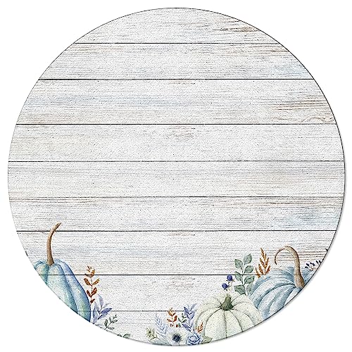 Blue White Pumpkin Round Area Rug 3.3ft,Washable Outdoor Indoor Carpet Runner Rug for Bedroom,Kitchen,Living Room,Office,Area+Rug Small Bath Door Desk Mat Fall Thanksgiving Eucalyptus Leaves Flower