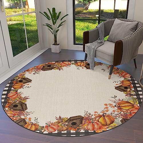 Thanksgiving Autumn Round Area Rug 3ft,Washable Outdoor Indoor Carpet Runner Rug for Bedroom,Kitchen,Living Room,Office,Area+Rug Small Bath Door Desk Floor Mat Farmhouse Pumpkin Mushroom Leaves